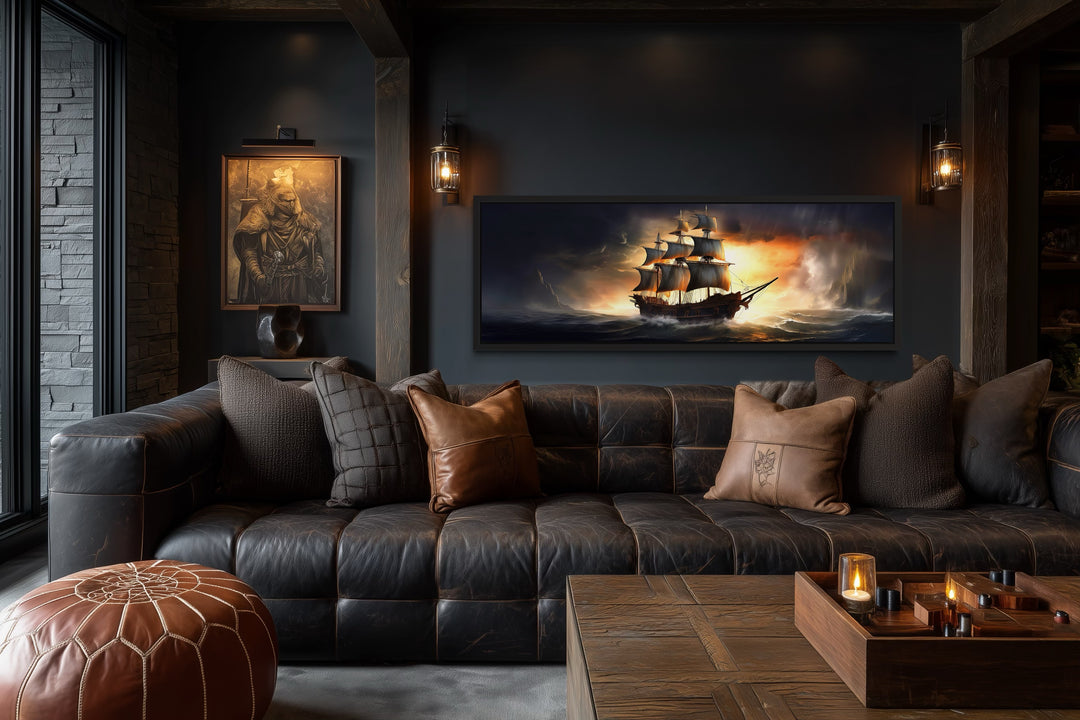 Panoramic Pirate Ship In Ocean Nautical Framed Canvas Wall Art