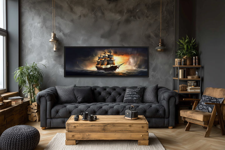 Panoramic Pirate Ship In Ocean Nautical Framed Canvas Wall Art