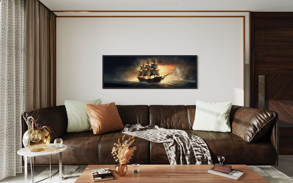 Panoramic Pirate Ship In Ocean Nautical Framed Canvas Wall Art