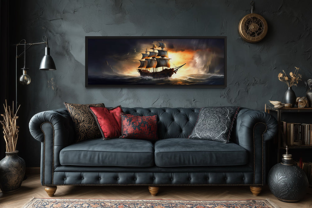Panoramic Pirate Ship In Ocean Nautical Framed Canvas Wall Art