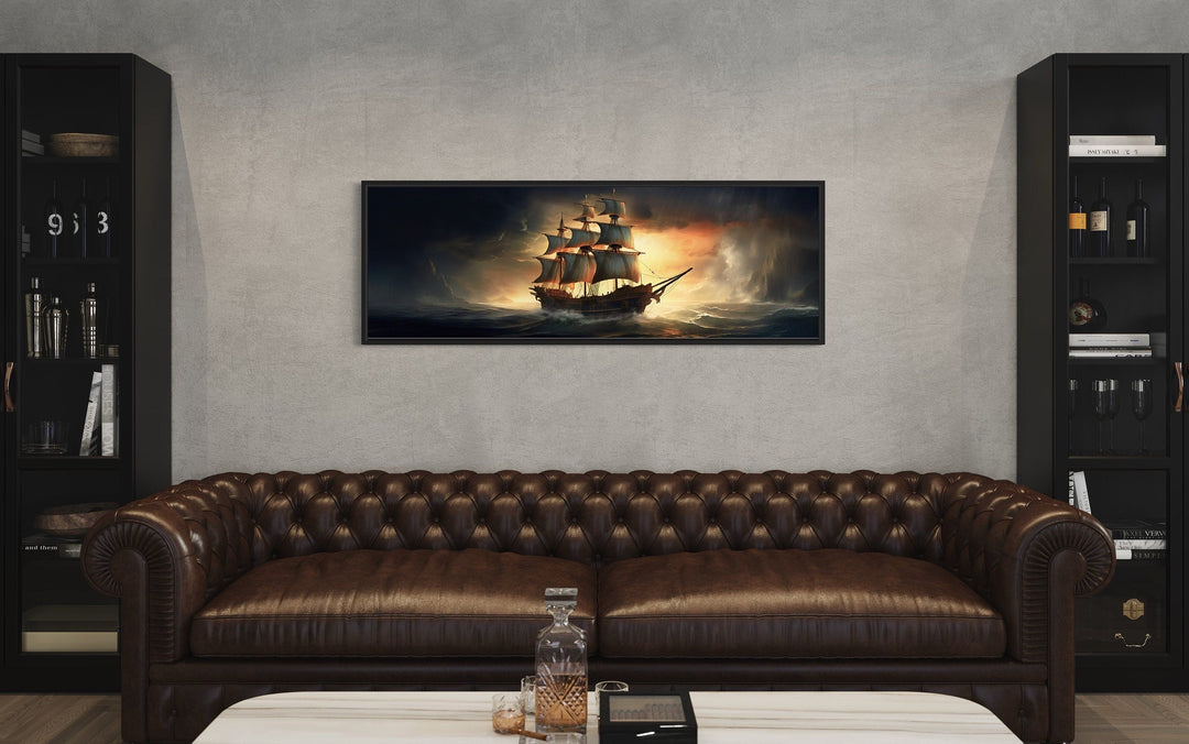 Panoramic Pirate Ship In Ocean Nautical Framed Canvas Wall Art