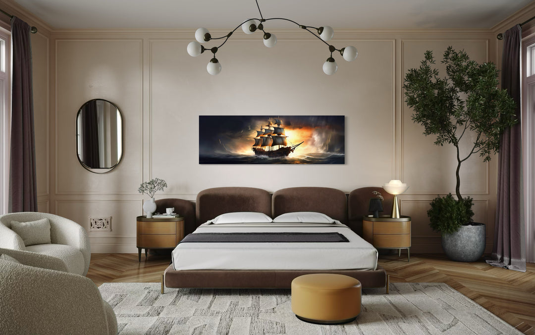 Panoramic Pirate Ship In Ocean Nautical Framed Canvas Wall Art