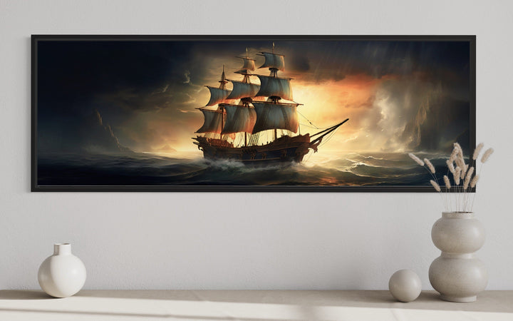 Panoramic Pirate Ship In Ocean Nautical Framed Canvas Wall Art