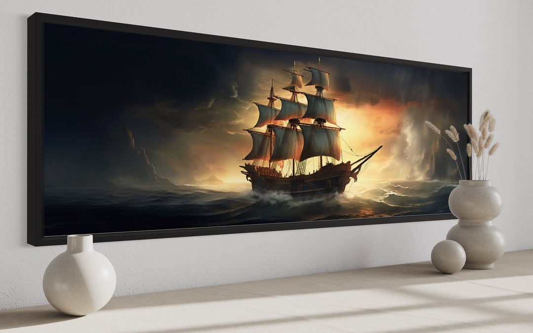 Panoramic Pirate Ship In Ocean Nautical Framed Canvas Wall Art