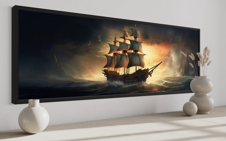 Panoramic Pirate Ship In Ocean Nautical Framed Canvas Wall Art