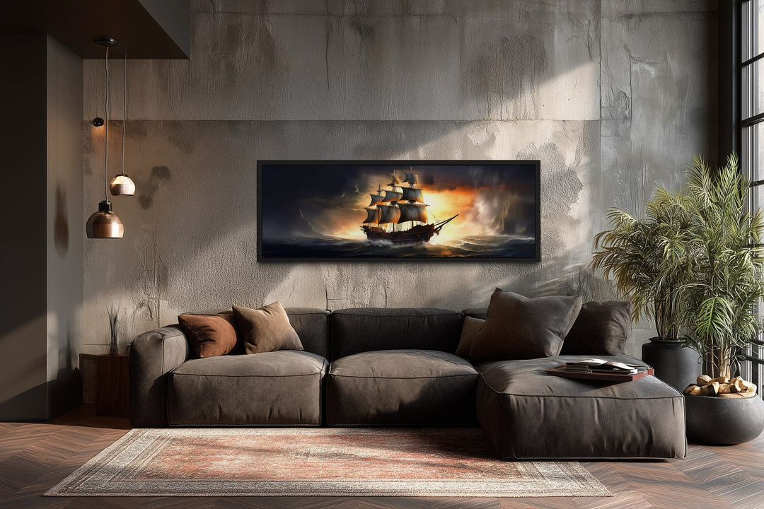 Panoramic Pirate Ship In Ocean Nautical Framed Canvas Wall Art