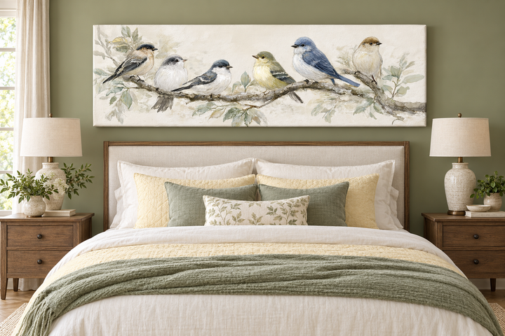 Oiseaux sur une branche - Tableau panoramique horizontal sur toile, tons neutres, nature