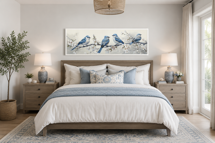 Panoramic watercolor wall art of blue birds on a branch hanging above a bed in a neutral bedroom.