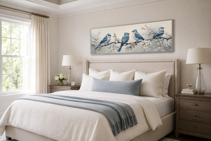 Panoramic watercolor wall art of four blue birds on a branch above a bed in a neutral bedroom.