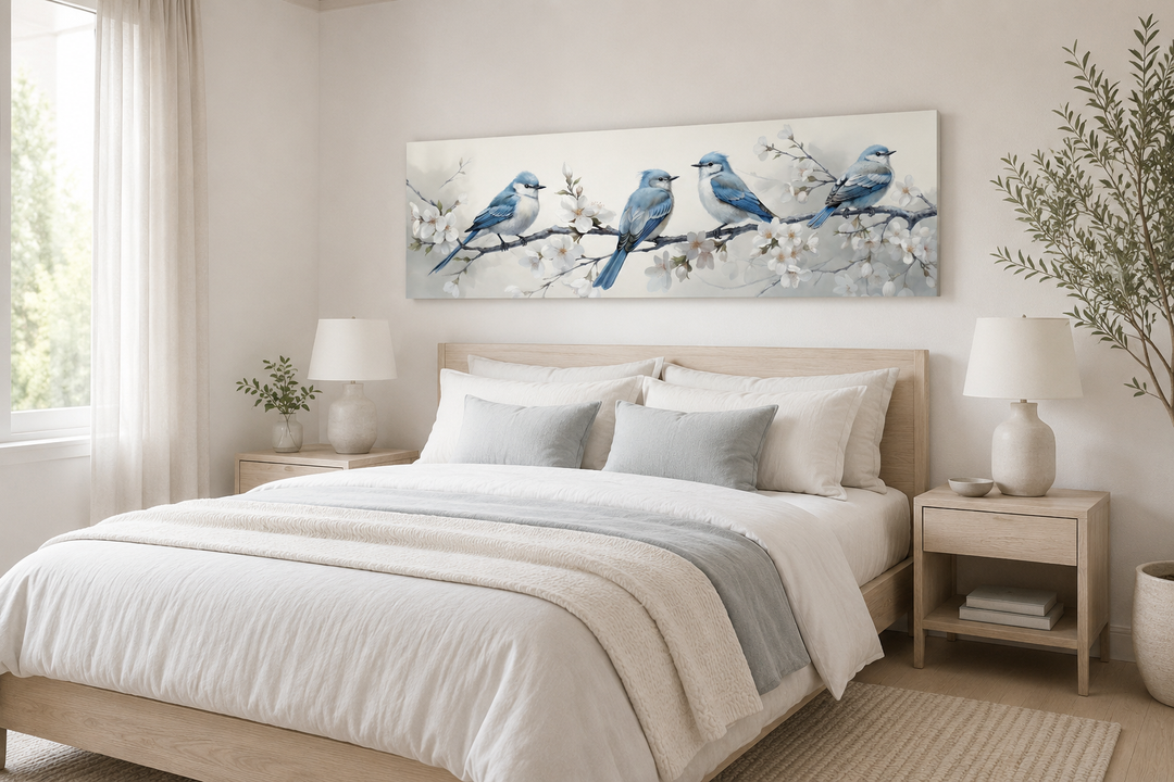 Panoramic watercolor wall art of blue birds on a branch above a bed in a neutral bedroom.