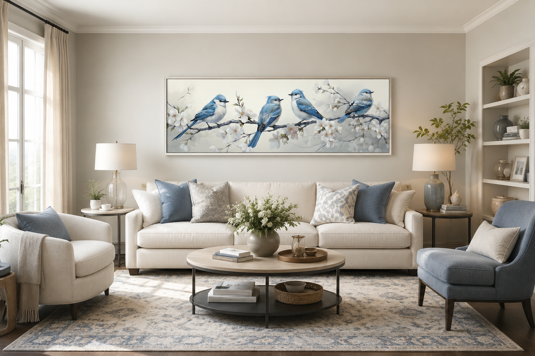 Panoramic watercolor wall art of blue birds on a branch above a sofa in a neutral living room.