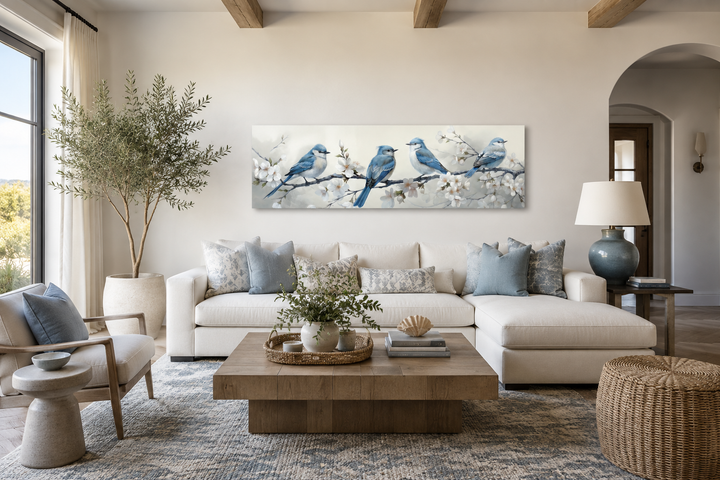 Panoramic watercolor wall art of blue birds on a branch above a white sofa in a neutral living room.