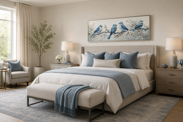 Panoramic watercolor wall art of blue birds on a branch above a bed in a neutral bedroom.