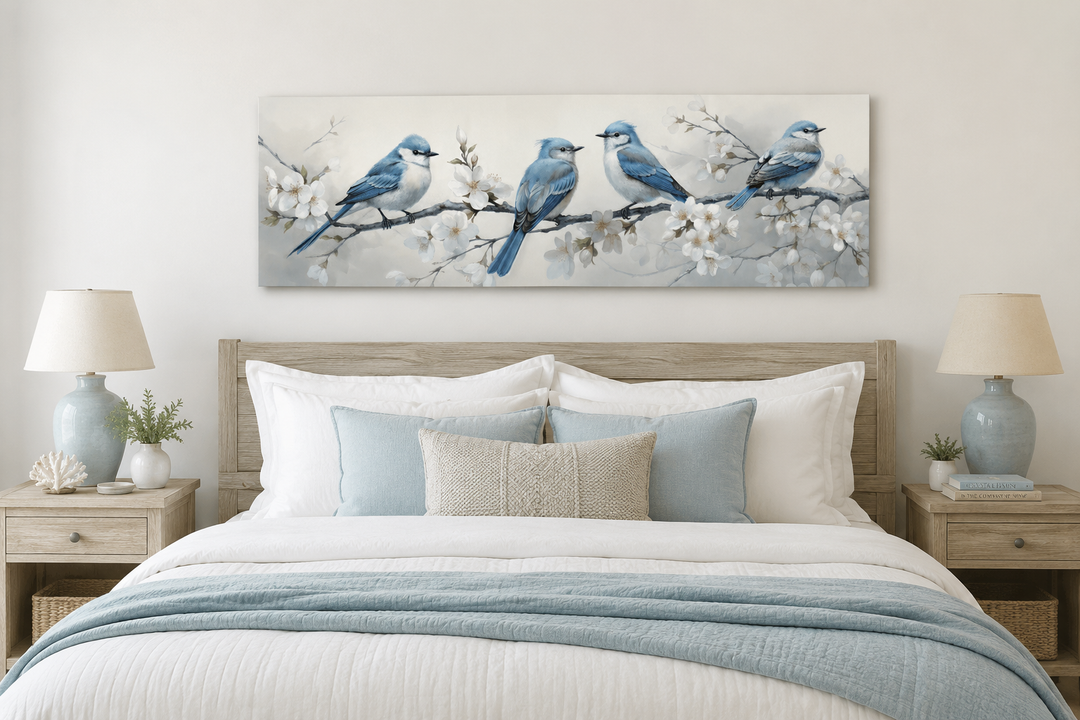Panoramic watercolor wall art of four blue birds on a branch above a bed with blue and white linens.