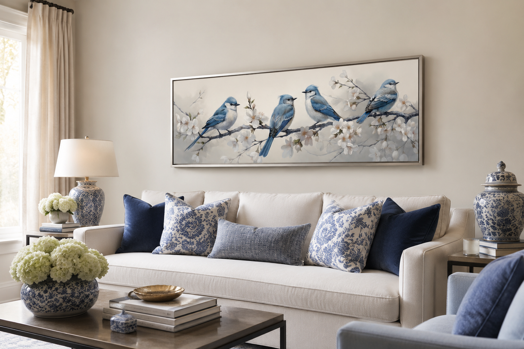Panoramic watercolor wall art of blue birds on a flowering branch above a white sofa.