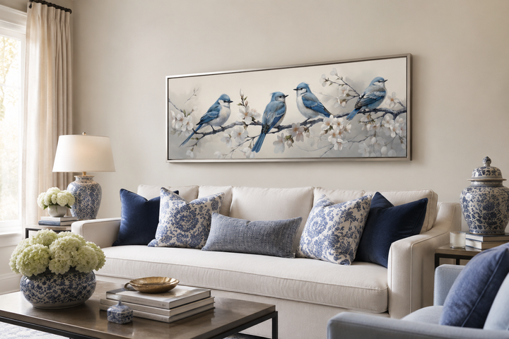 Panoramic watercolor wall art of blue birds on a flowering branch above a white sofa.