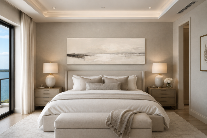 Panoramic coastal landscape canvas wall art in neutral tones hanging above a king-sized bed.