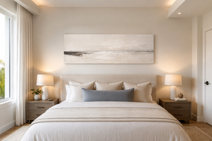 Panoramic coastal landscape canvas art in neutral tones hanging above a bed in a modern bedroom.