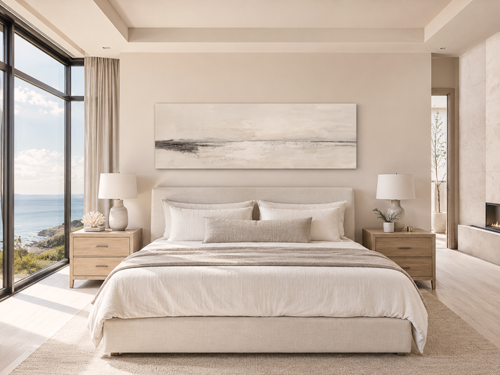 Panoramic coastal landscape neutral canvas wall art hanging above a king-sized bed in a bedroom.