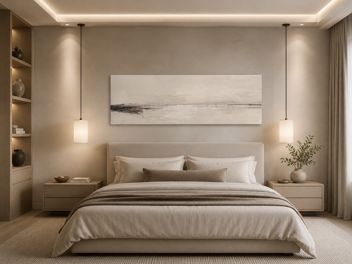 Panoramic coastal landscape canvas wall art in neutral tones hanging above a bed in a bedroom.
