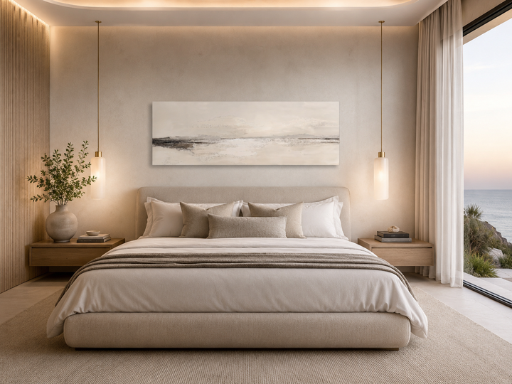 Panoramic coastal landscape canvas wall art in neutral tones hanging above a king-sized bed.
