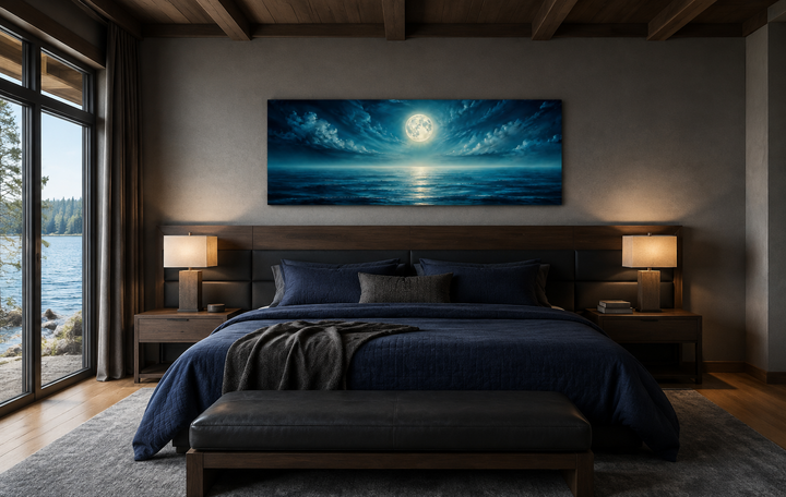 Panoramic navy blue ocean and moon wall art hanging above a bed in a modern bedroom.