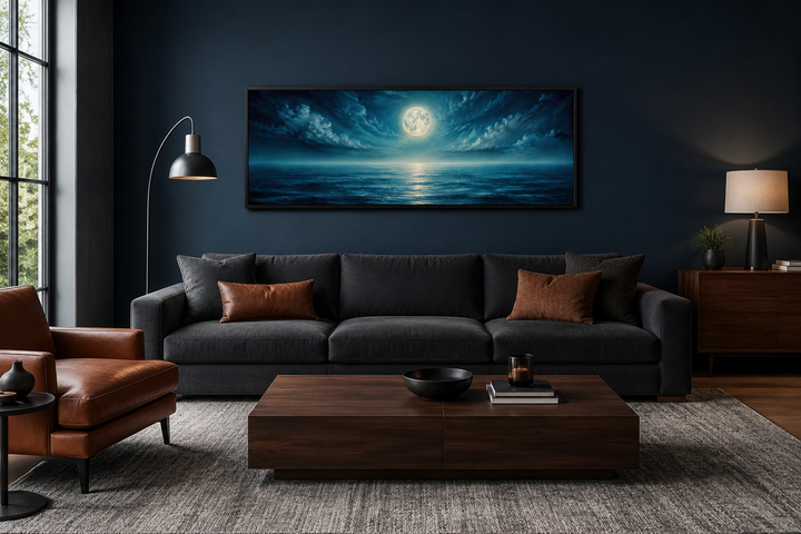 Panoramic navy blue wall art of a full moon over a calm ocean, hanging above a dark grey sofa.