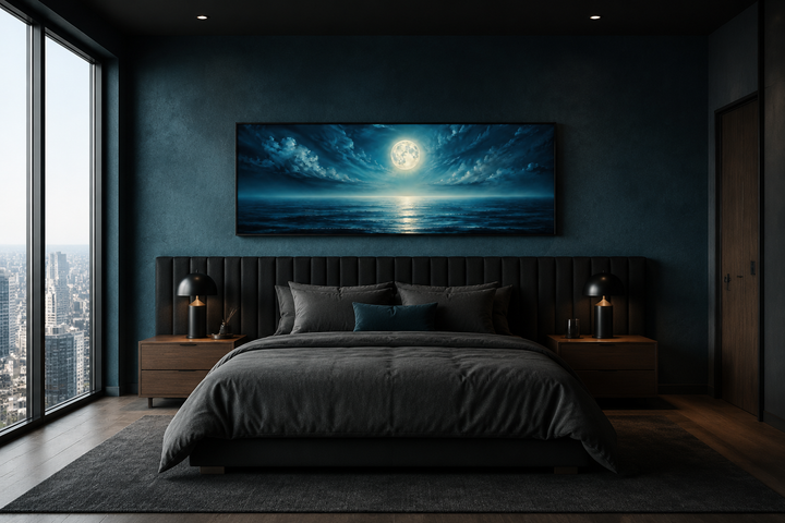 Panoramic navy blue ocean and moon wall art above a dark bed in a modern bedroom.