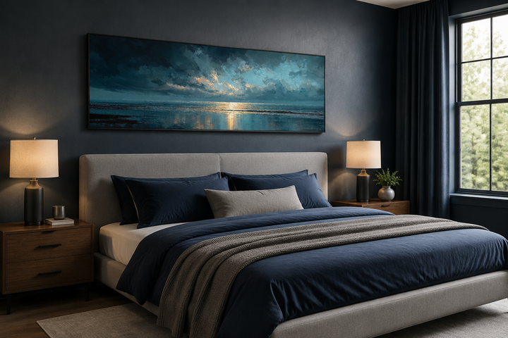 Panoramic ocean wall art in blue, grey, and gold hanging above a bed in a modern bedroom.