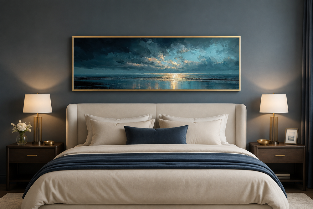 Panoramic ocean wall art in blue, grey, and gold sunset tones framed above a bed in a modern room.