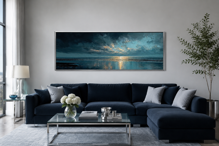 Panoramic ocean wall art with blue, grey, and gold sunset over a navy sofa in a modern living room.