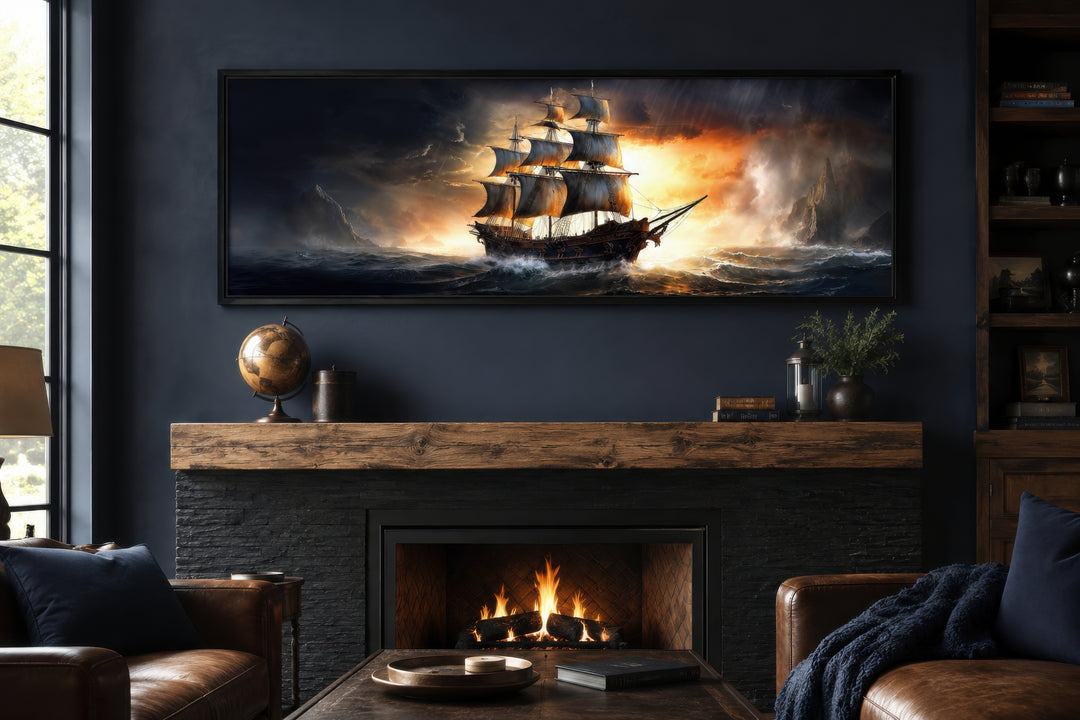 Panoramic framed canvas wall art of a pirate ship in a stormy ocean above a fireplace.