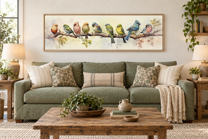 Colorful Birds On a Branch Horizontal Framed Canvas Wall Art above a green sofa in a living room.