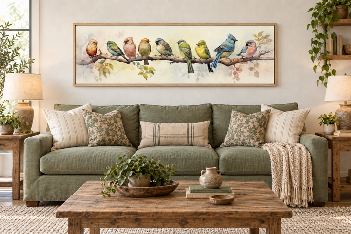 Colorful Birds On a Branch horizontal framed canvas wall art hanging above a green sofa.