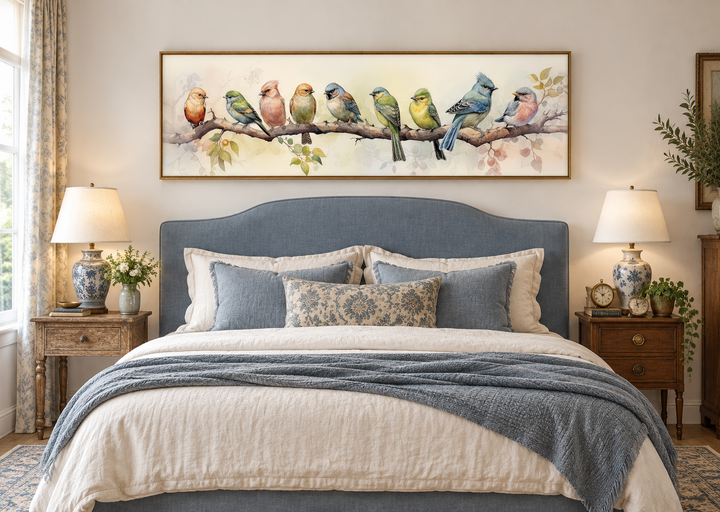Colorful Birds On a Branch horizontal framed canvas wall art hanging above a blue upholstered bed.