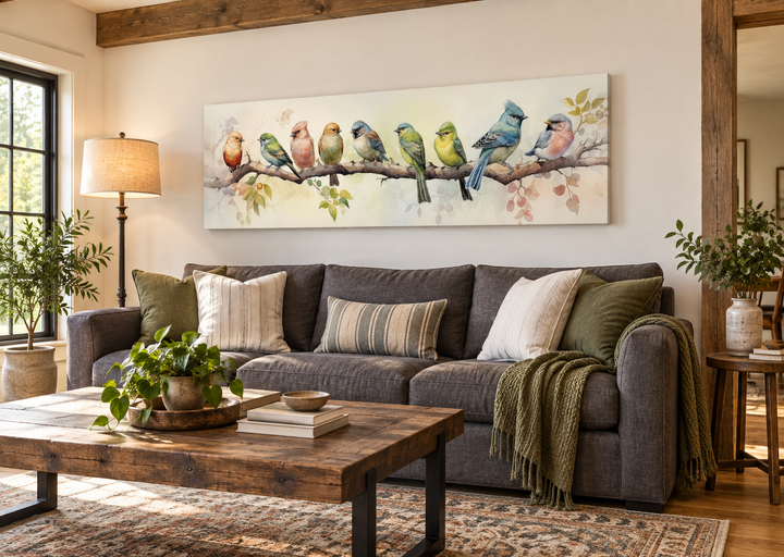 Colorful Birds On a Branch horizontal framed canvas wall art hanging above a dark grey sofa.