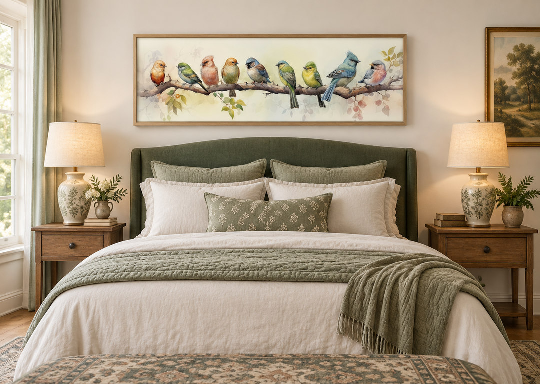 Colorful Birds On a Branch horizontal framed canvas wall art hanging above a bed in a bedroom.