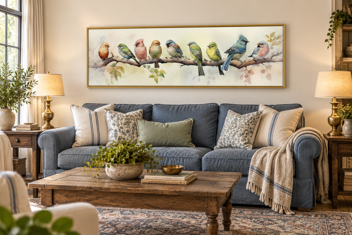 Colorful Birds On a Branch Horizontal Framed Canvas Wall Art hanging above a blue sofa in a room.