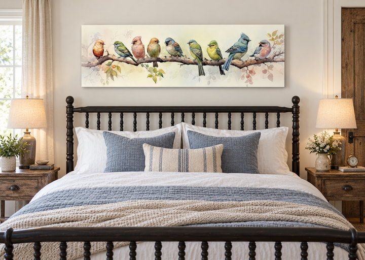 Colorful Birds On a Branch Horizontal Framed Canvas Wall Art hanging above a bed in a bedroom.
