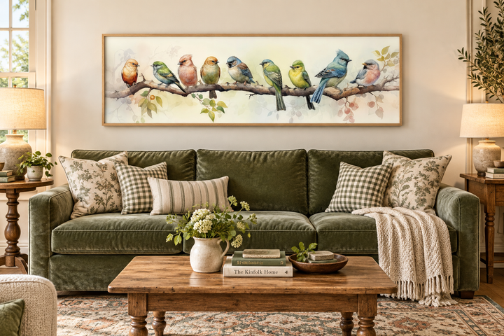 Colorful Birds On a Branch Horizontal Framed Canvas Wall Art hanging above a green velvet sofa.