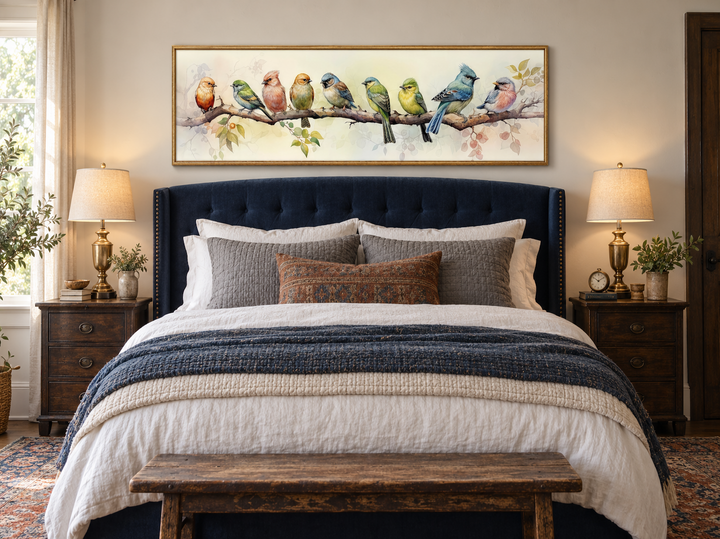 Horizontal framed canvas wall art featuring colorful birds on a branch above a navy blue bed.