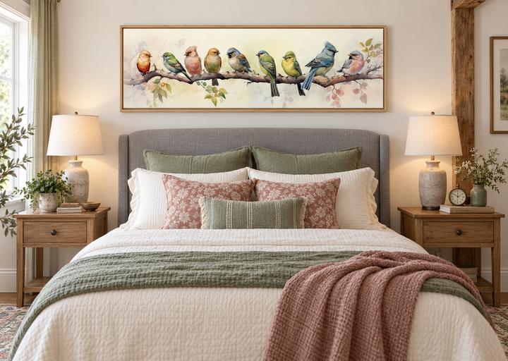 Colorful birds on a branch horizontal framed canvas wall art hanging above a bed in a bedroom.