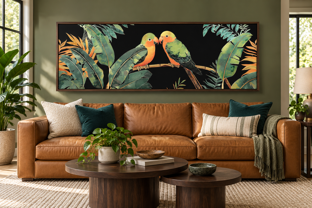Lovebirds in tropical rainforest long horizontal framed canvas wall art above a leather sofa.