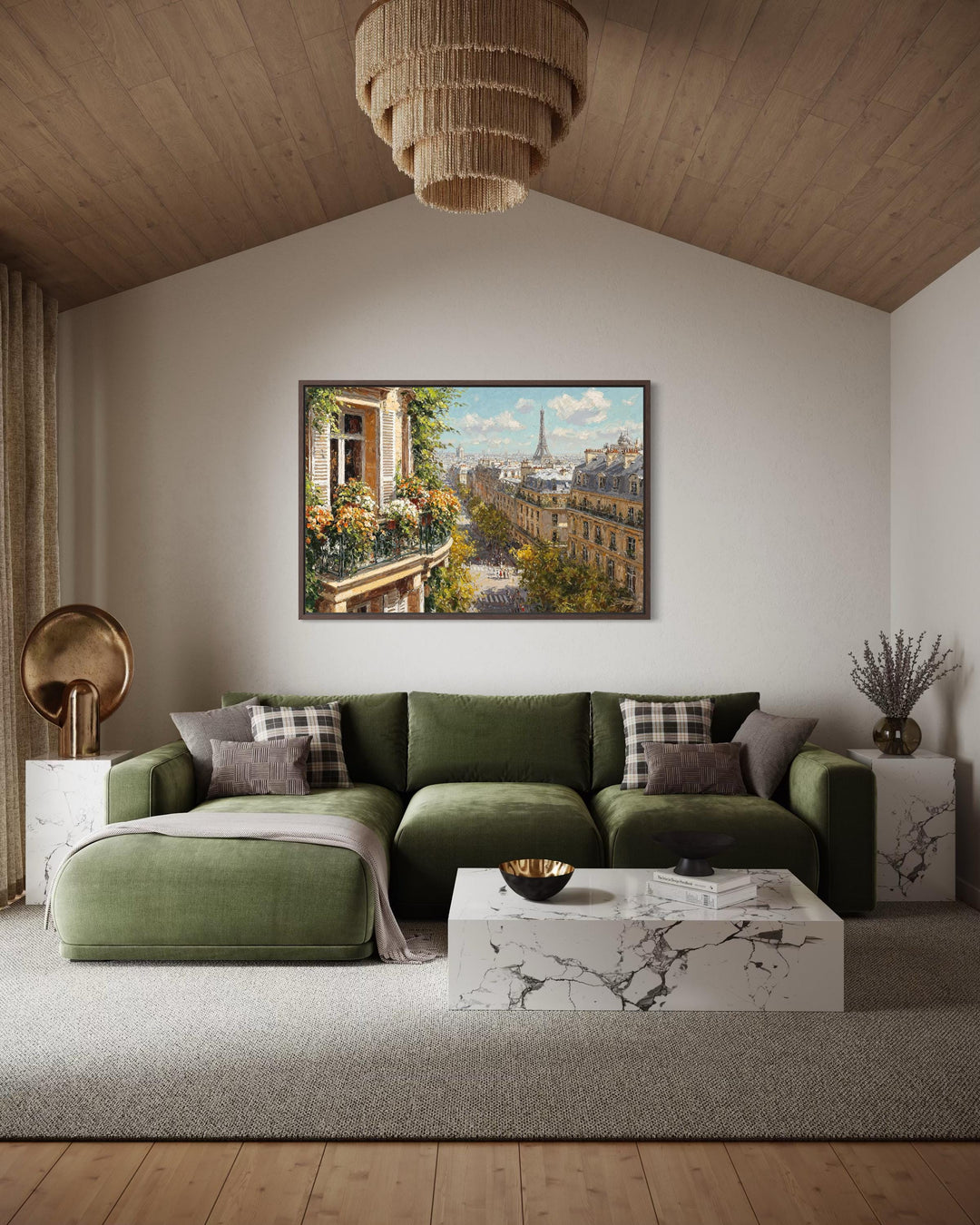 Framed canvas wall art of a sunlit Parisian balcony view with the Eiffel Tower in the distance.