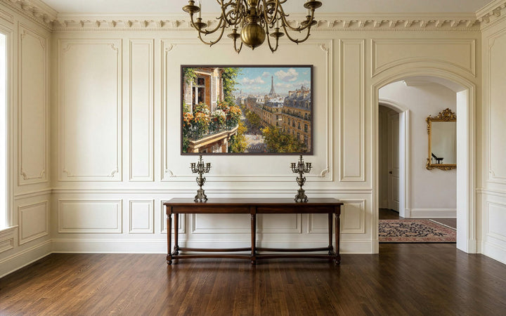 Paris Balcony View with Eiffel Tower canvas wall art displayed in a classic, elegant room.