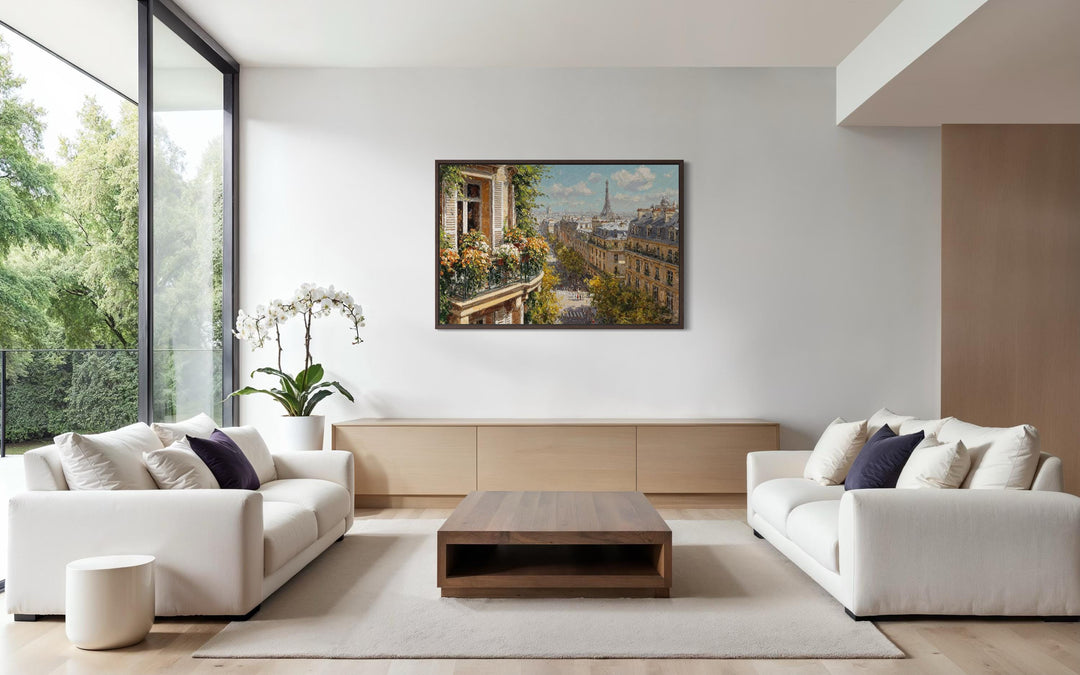 Paris Balcony View with Eiffel Tower canvas wall art displayed in a modern living room.