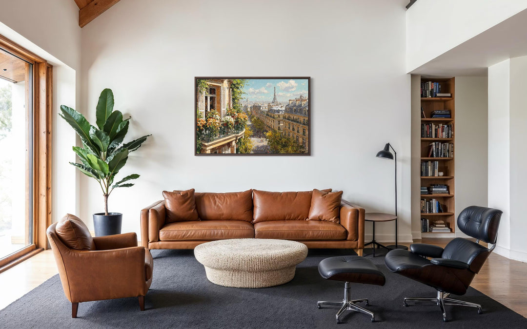 Paris Balcony View with Eiffel Tower canvas wall art displayed in a modern living room.