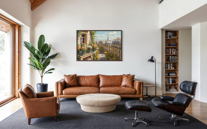 Paris Balcony View with Eiffel Tower canvas wall art displayed in a modern living room.