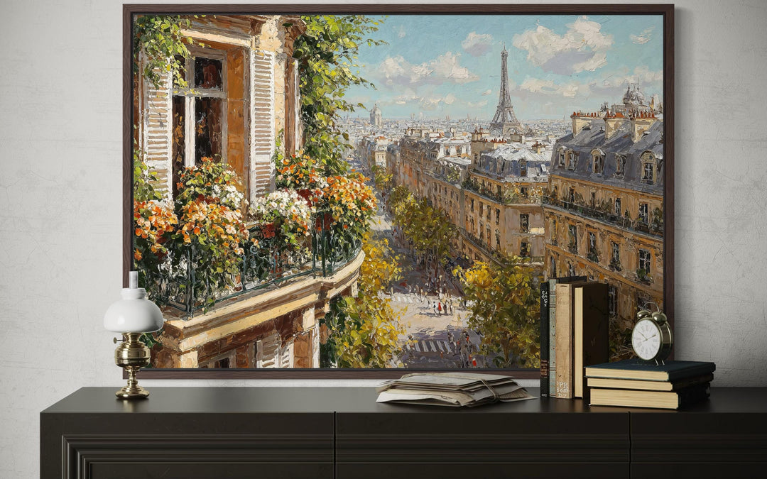 Impressionist canvas wall art of a Parisian balcony overlooking the city and Eiffel Tower.