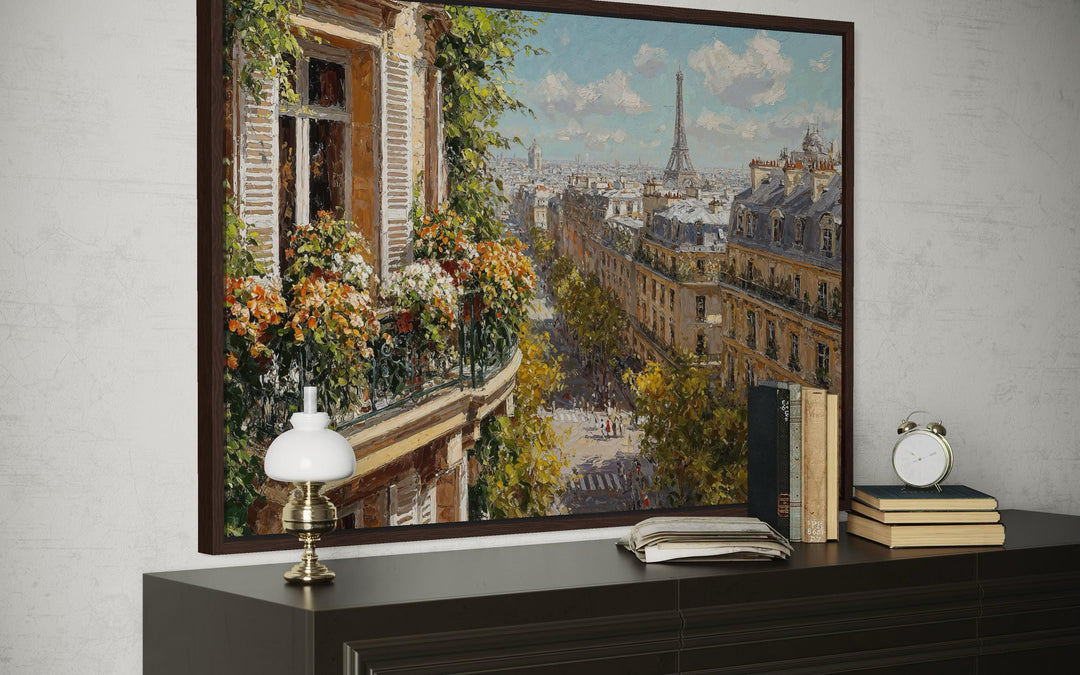 Framed canvas wall art of a sunlit Parisian balcony view with the Eiffel Tower in the distance.